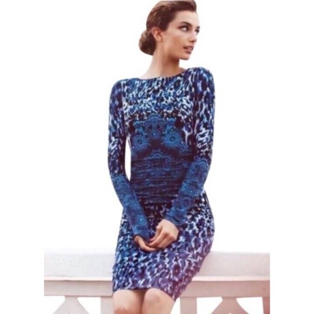 David Meister Dress Blue & Black Leopard Medallion Side Ruching Size 8 NEW
